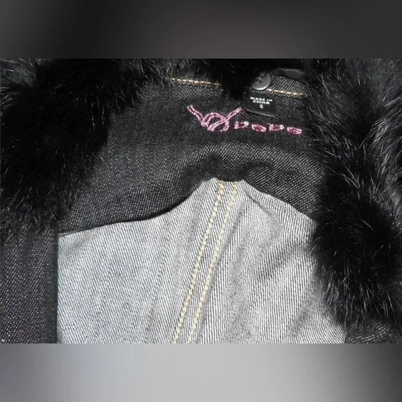 BEBE Dark Denim gray Jean Rabbit Fur Collar Suit Coat Blazer Holiday Jacket S - Picture 5 of 10